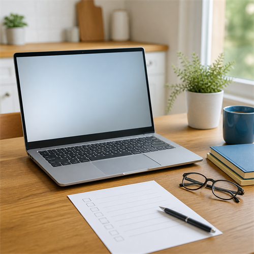 A simple laptop buying checklist beside an unbranded laptop on a home desk.