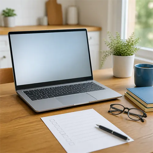 A simple laptop buying checklist beside an unbranded laptop on a home desk.
