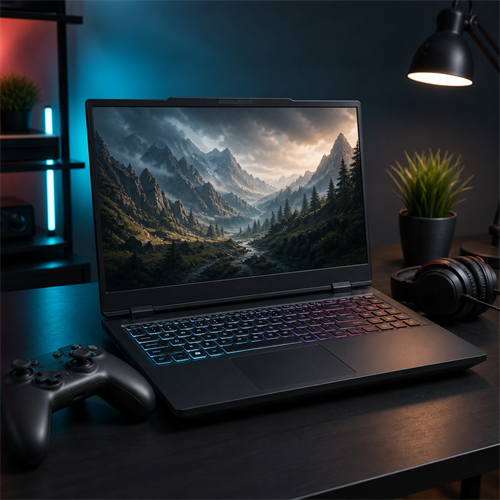 An unbranded gaming laptop with a controller and headset on a tidy desk.