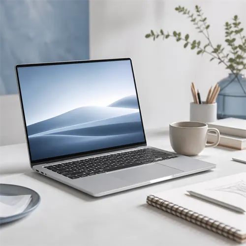 A slim silver unbranded laptop on a minimalist creative desk.