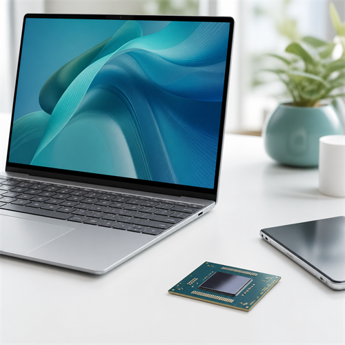 A slim unbranded laptop beside a small processor tile, suggesting Arm-based laptop hardware.