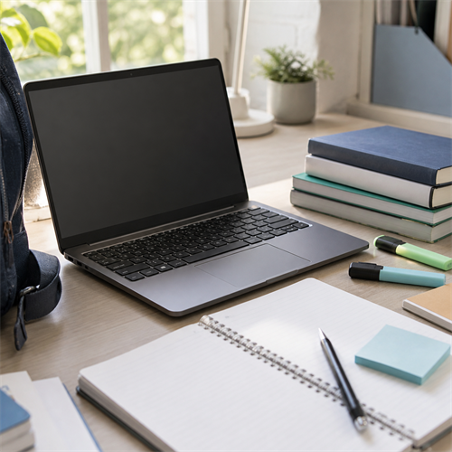 An unbranded laptop with books, notes, and stationery on a student study desk.